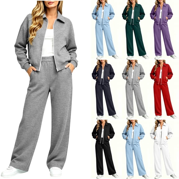 Jerdar Womens 2 Piece Sweat Sets Collared Zip Jacket Wide Leg Sweatpants Oversized Side Pockets Spring Fall Airport Travel Outfits L