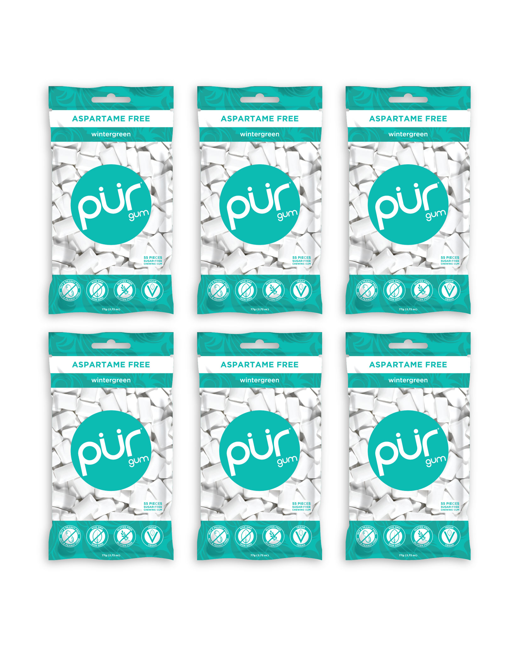 PUR Gum Sugar Free Chewing Gum with Xylitol - Natural Wintergreen Flavor - 55 pieces (6 pack)