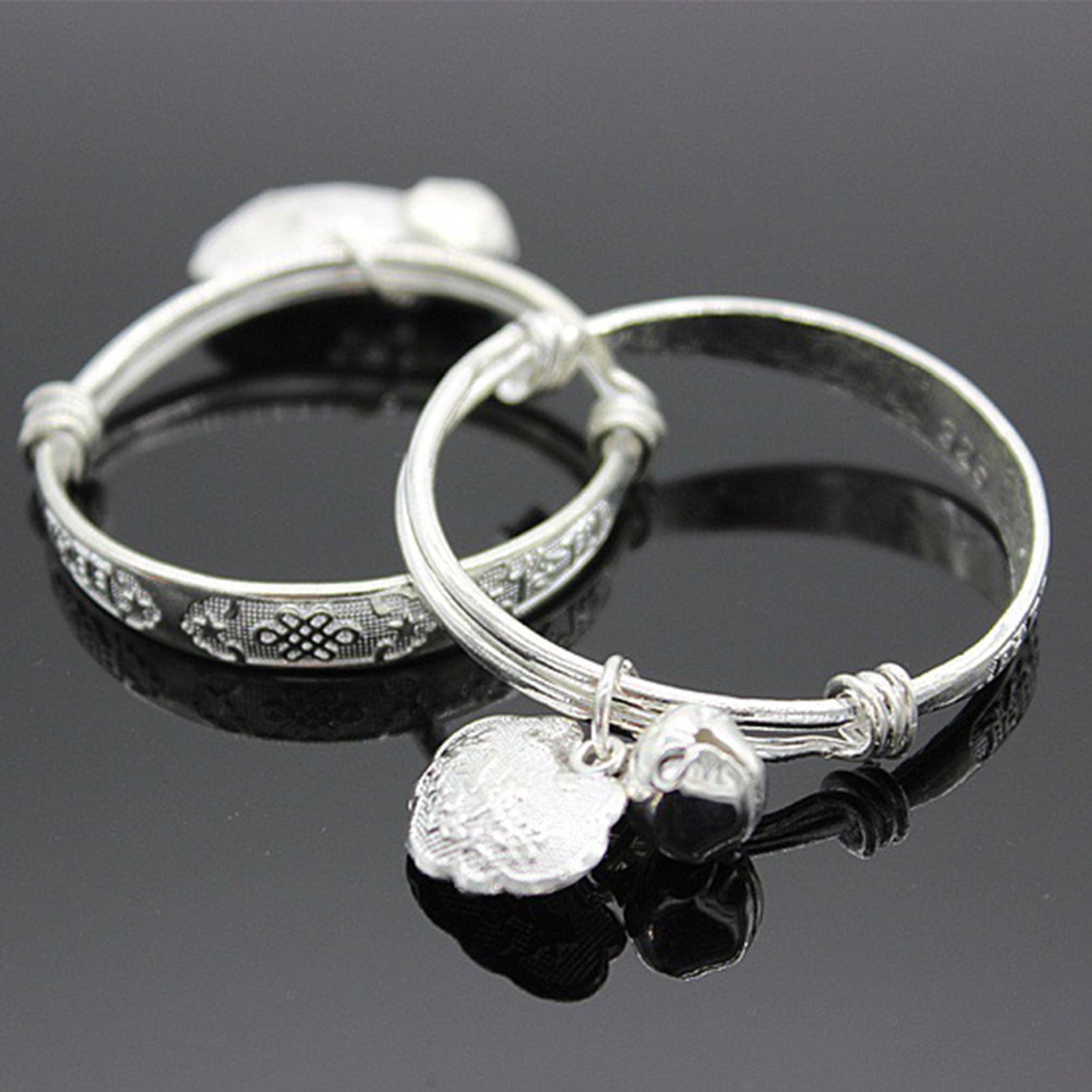 Yesbay Toddler Baby Silver Plated Adjustable Embossing Bell Charm Bangle Jewelry Gift-2#