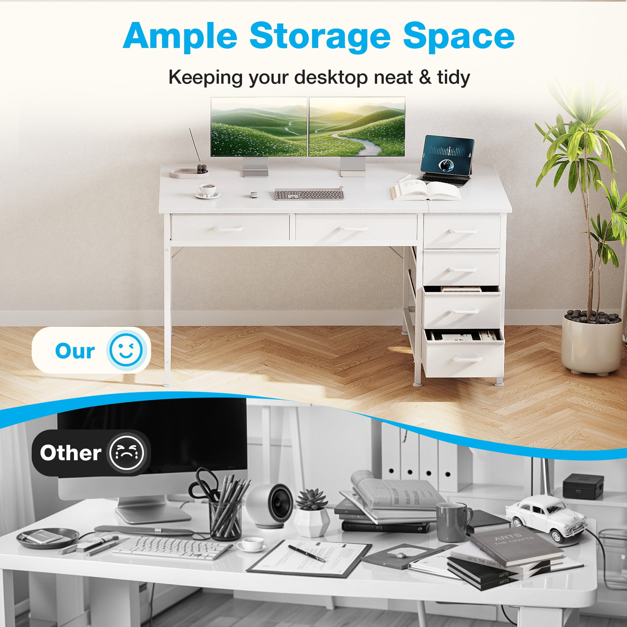 Casacomoda 48" Home Office Desk with 6 Drawers, Small Space Computer Desk with Reversible Storage, Corner Computer Desk, White