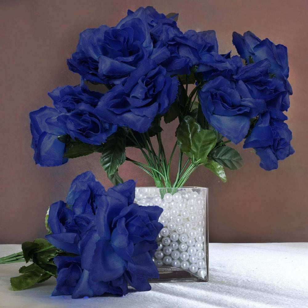 12 Bushes 84 Pcs Royal Blue Artificial Silk Rose Flowers With Green Leaves 0461