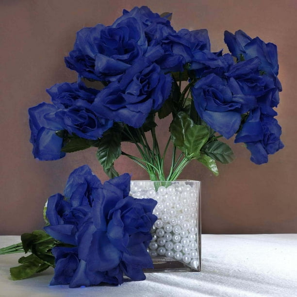 12 Bushes 84 pcs Royal Blue Artificial Silk Rose Flowers With Green