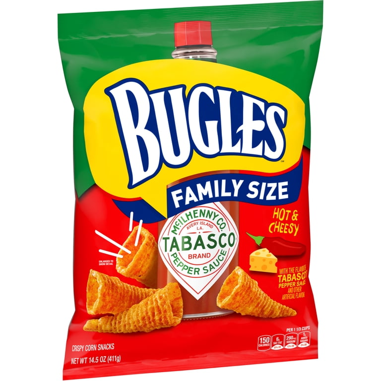 Bugles Tabasco Flavored Crispy Corn Snacks, Hot and Cheesy, Family Size,  14.5 oz