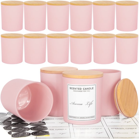 Frascos para velas Creahaus de vidrio rosa de 10 oz, paquete de 16 con tapas