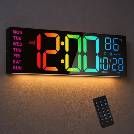 LEIKE 16.2 Large Digital Wall Clock with 8 Colors, 5-Level Brightness Adjustment, ℃/℉ Temperature Display, Big Numbers Alarm Clock for Bedroom Office Living Room, Timer