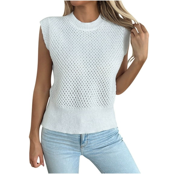 XuJwPNcy Womens Crochet Knit Sweater Vest Sleeveless Crew Neck Pullover Tops Fall Fashion Sweater for Ladies