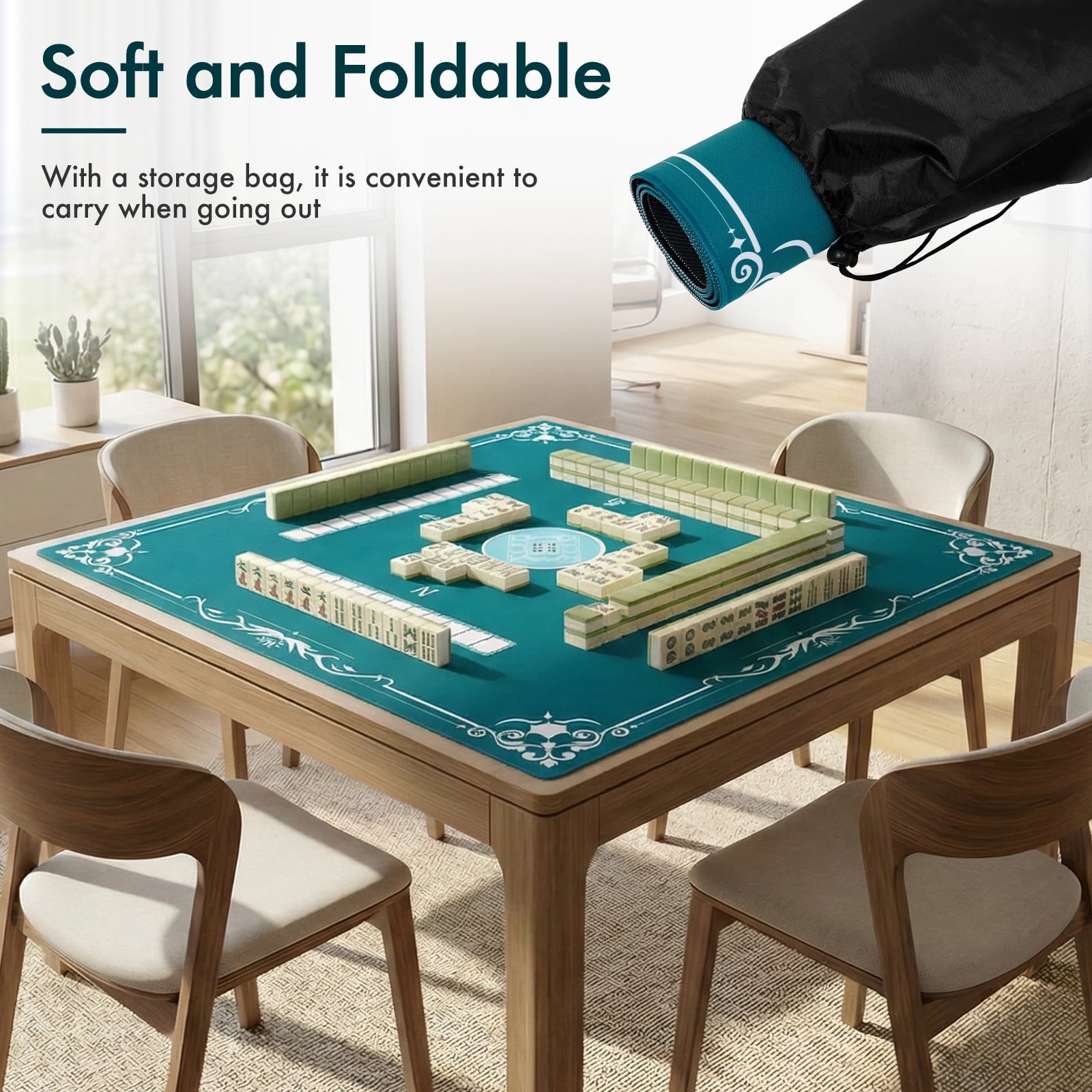 Threns Mahjong Mat with Rules, 31.5 Inch Square Mahjong Mats for Table, Quiet Noise Reduction Table Mat with Black Carrying Bag for Poker, Board Games, Tiles Game and Dominoes