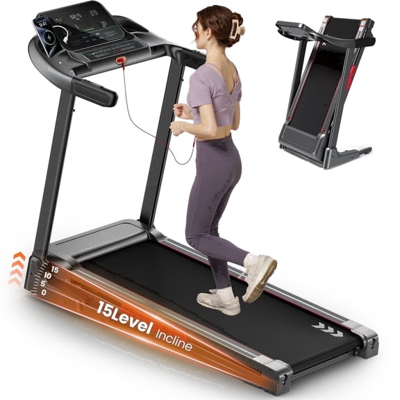 Naipo 15 Level Auto Incline Treadmill with 3HP Smart APP 5W USB LED Display Speed Range 0.6-9mph Foldable Electric Treadmill 286 lbs for Home Use Workout