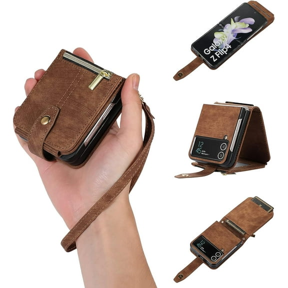 Case for Samsung Galaxy Z Flip 4 5G, 3 Card Slots Retro Leather Wallet Shockproof Flip Cover with Hand Strap Card Slots Zipper Pocket Kickstand Handbag Magnetic Closure - Retro Brown