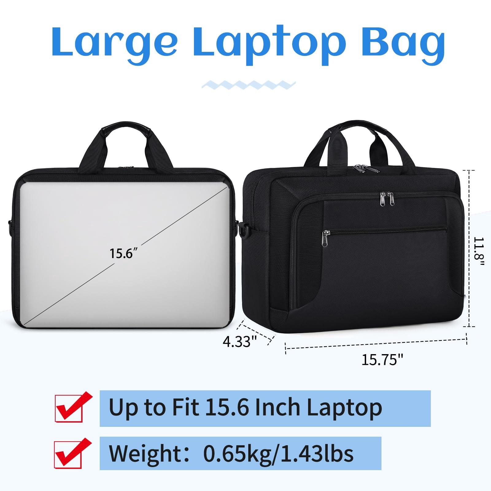 Laptop Bag 15.6 Inch Laptop Briefcase Large Waterproof Laptop Case for Men Women Business Office Work Computer Bag 17 Inch Adjustable Shoulder Messenger Bag,Black