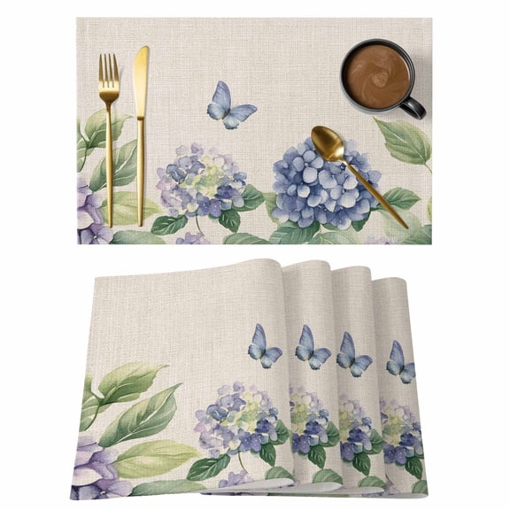 Spring Blue Purple Hydrangea Placemats Set of 8, Country Watercolor Floral Butterfly Leaf Linen Non-Slip Place Mats Washable Table Mats for Kitchen Dining Table Decorations Indoor/Outdoor