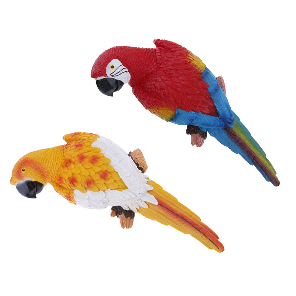 2x Lifelike Bird Ornament Figurine Parrot Toy Sculpture 29-31cm Yellow & Red 