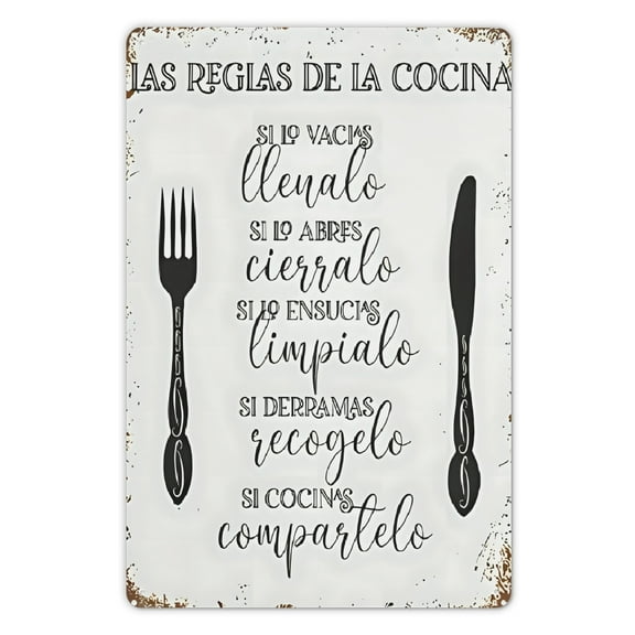 [8x12 Inch Vintage Metal Sign] 1pc Vintage Spanish Kitchen Rules Metal Tin Sign - 8x12 Inch Retro Iron Wall Art for Home, Farm, Office & Club Decor