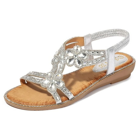 

AOOCHASLIY Women Sandal Clearance Ladies Bling Flower Crystal Flat Sandals Bohemia Summer Beach Casual Shoes