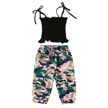 

GWAABD Spring Outfits for Girls Black Cotton Blend Toddler Kids Baby Girls Sleeveless Strap Ruffle T Shirt Tops Camouflage Long Pants 2PCS Outfits Clothes Set 100