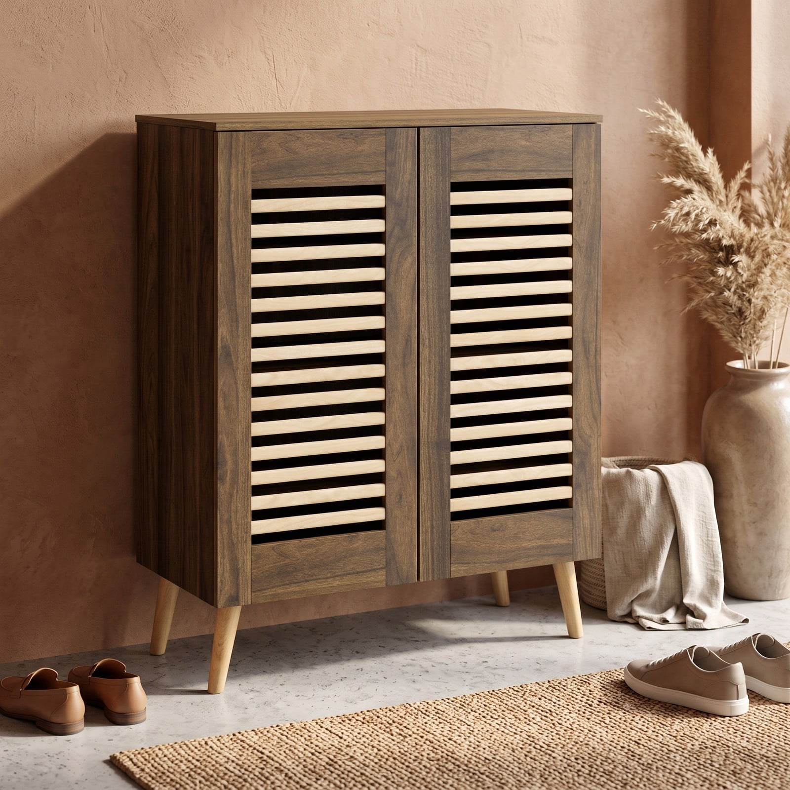 Furnibear Shoe Cabinet with Louvered Doors and 3 Removable Shelves for Entryway Closet and Hallway Shoe Storage Organizer, Walnut
