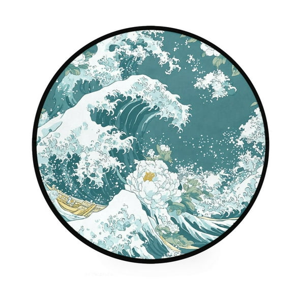 Blue and White Ocean Wave Memory Foam Bath Mat 36" Absorbent Rug with Non Slip Base and 4 Bonus Pads