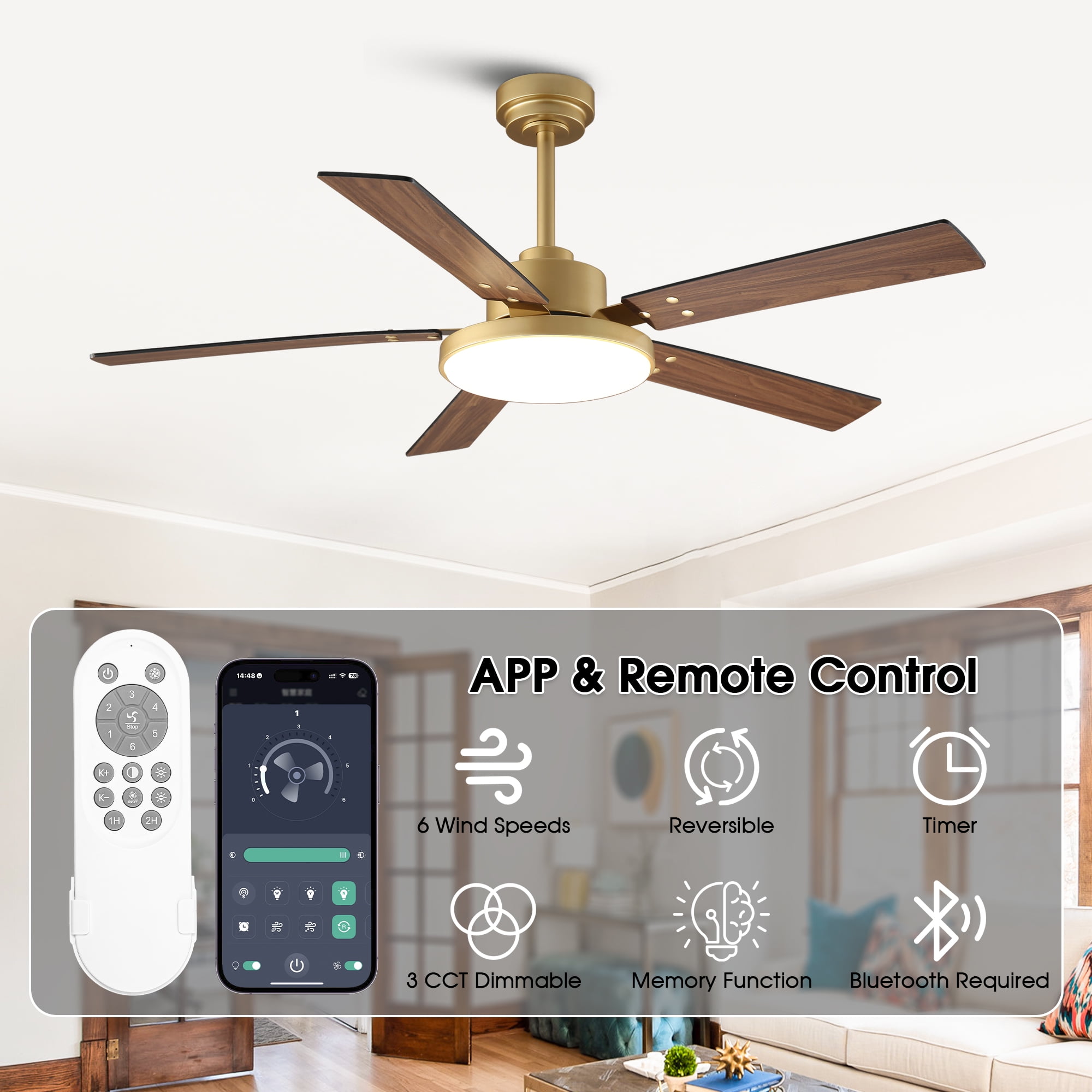 52" Modern Gold DC Motor Smart Ceiling Fan with Integrated LED Light and Remote,App Control