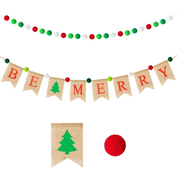 GROBRO7 Burlap Banner-Be Merry with Christmas Tree Sign Christmas Pompom String Kit for Indoor Outdoor Hanging Decor, 2Pcs