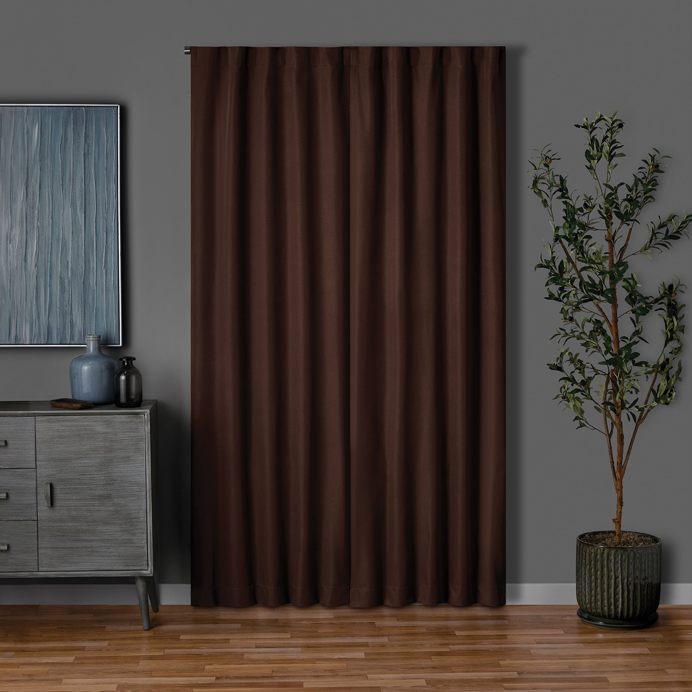 Mainstays Brown Solid Blackout Rod Pocket with Back Tabs Curtain Panel Pair, Set of 2, 30" W x 84" L