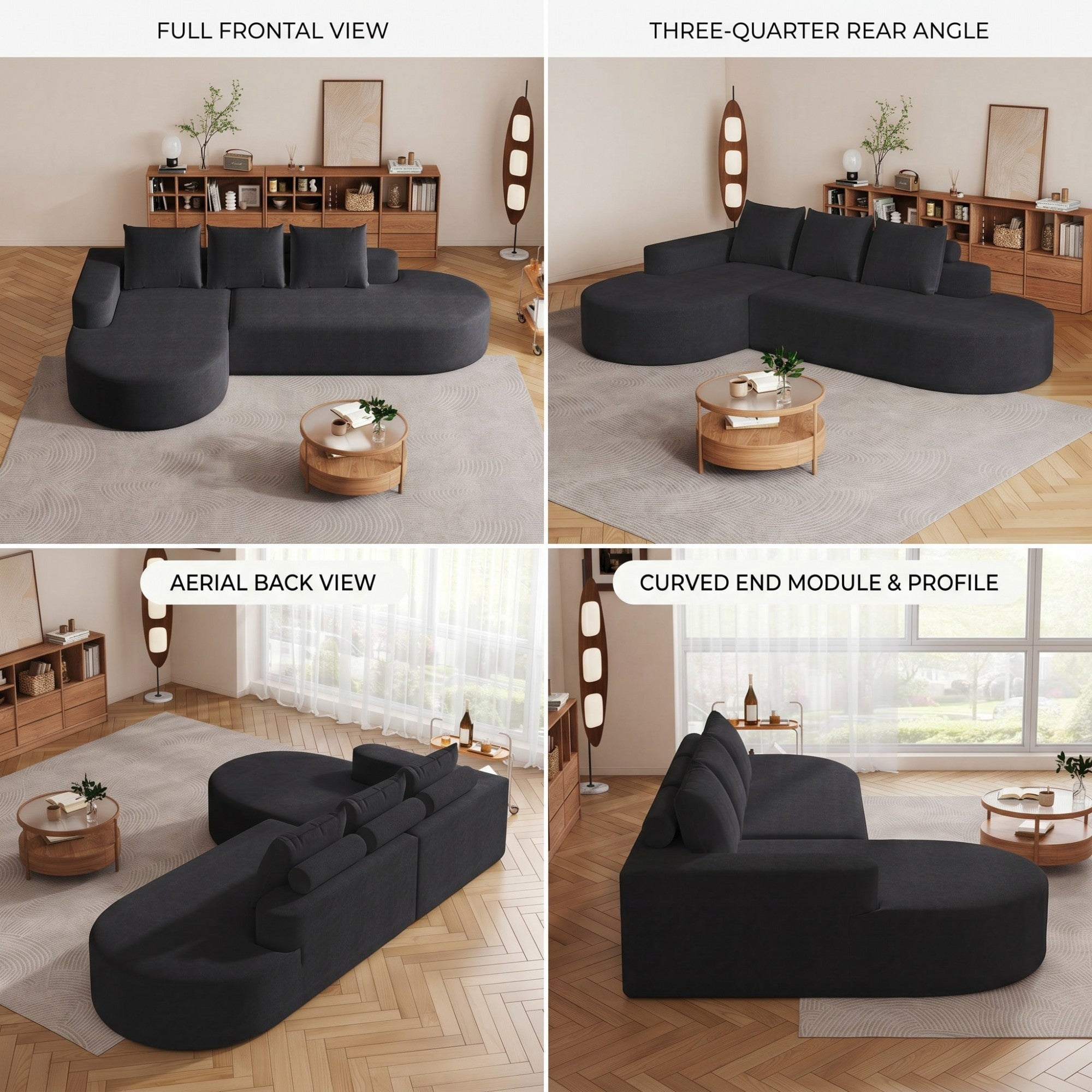 Sailvan 108.5" Modern Curved Chenille Sectional Sofa, Modular L-Shaped Couch with 3 Pillows Black
