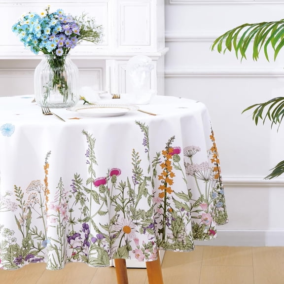 Floral Round Tablecloth 60 Inch, Waterproof Stainproof Spillproof Table Cloths Wrinkle Resistant, Washable Polyester Summer Spring Wildflower Table Cloth Round Cover for Dining/Party/Picnic