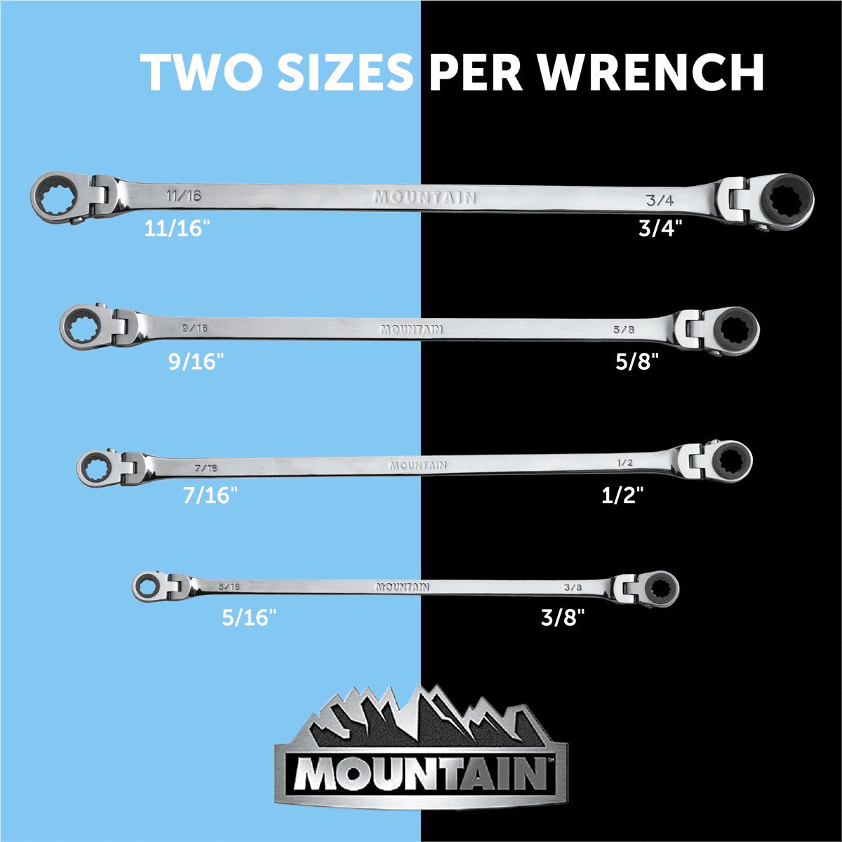 Mountain RF7 Extra Long Flexible Ratcheting Wrench Set 90 Tooth with Tray