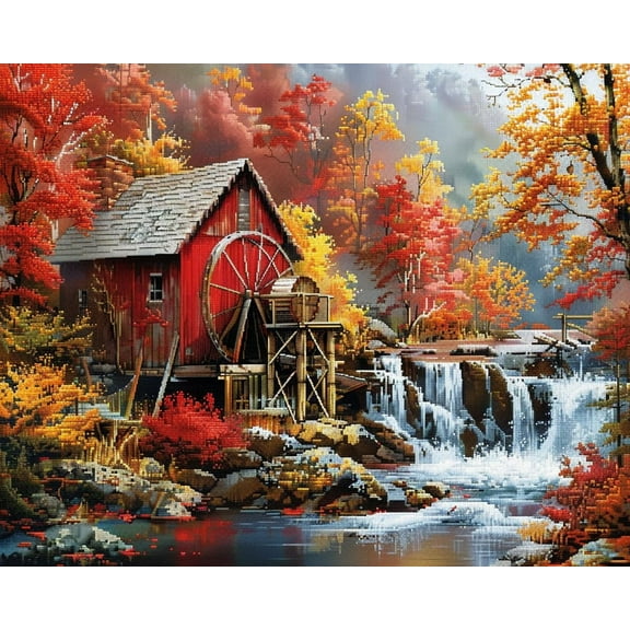 Autumn Landscape Mill Fall Trees DIY 11CT Stamped Cross Stitch Kits for Beginners Easy Needlepoint Embroidery Counted Cross Stitch Art Craft for Wall Decoration 12x16inch(7)