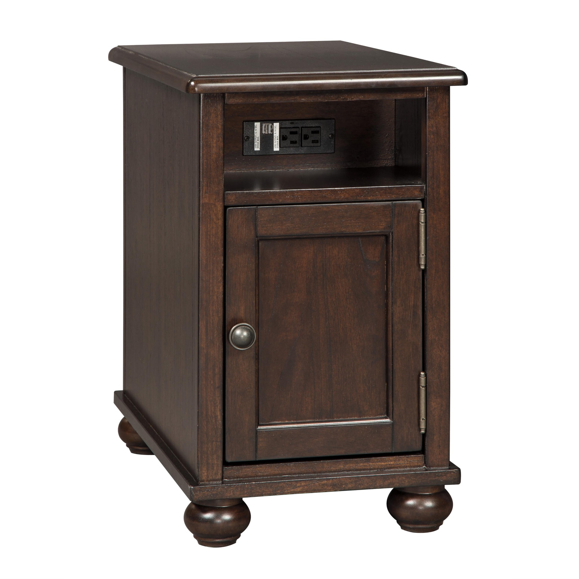 Chair Side End Table with Open Compartment and Power Strip, Brown