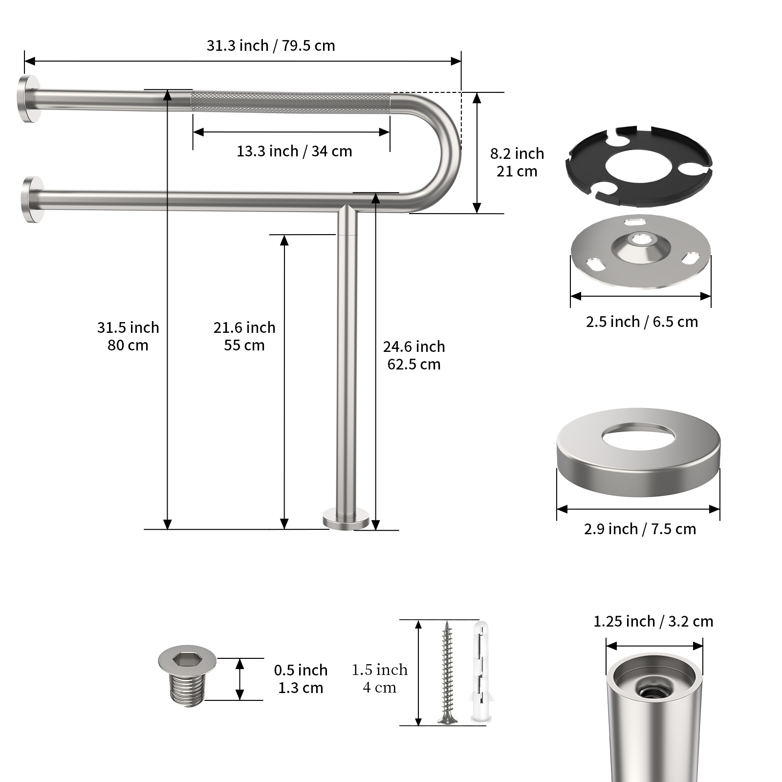 Toilet Grab Bar 30.3 Inch, ZUEXT Anti-Slip Handicap Grab Bars with Paper Holder, Flip-Up Bathroom Toilet Safety Rails, Stainless Steel Knurled Support handrails for Seniors Elderly Disabled Pregnant