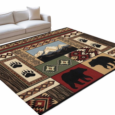 Lodge Bear Cabin Washable Rug 6x9 Area Rug for Living Room Bedroom Non Slip Indoor Floor Rectangle Carpet Low Pile Large Vintage Brown Buffalo Plaid Boho Entryway Rugs for Dining Room Office Home