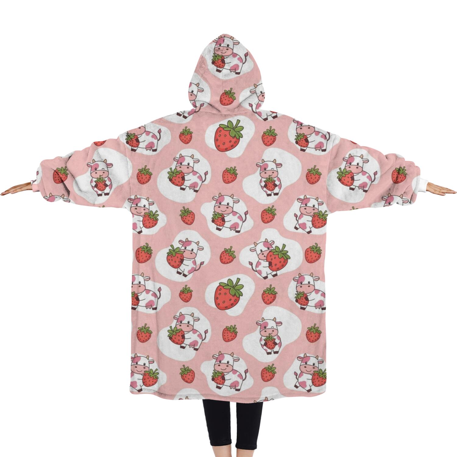 Oversized Wearable Blanket Hoodie,Pink Cow Strawberry Pattern Sherpa Blanket Hoodie with Super Pockets,Super Warm Fuzzy Pullover for Women & Men