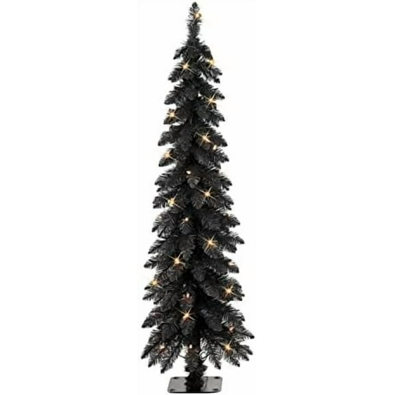 Puleo International 4 ft Pre-Lit Black Artificial Alpine Pencil Tree 136 Tips 50 Clear Lights