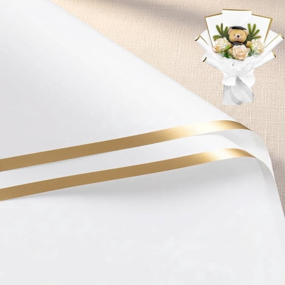 Flower Wrapping Paper White with Gold Edge Water-Resistant Floral Bouquet Wrapping Paper for Gift DIY