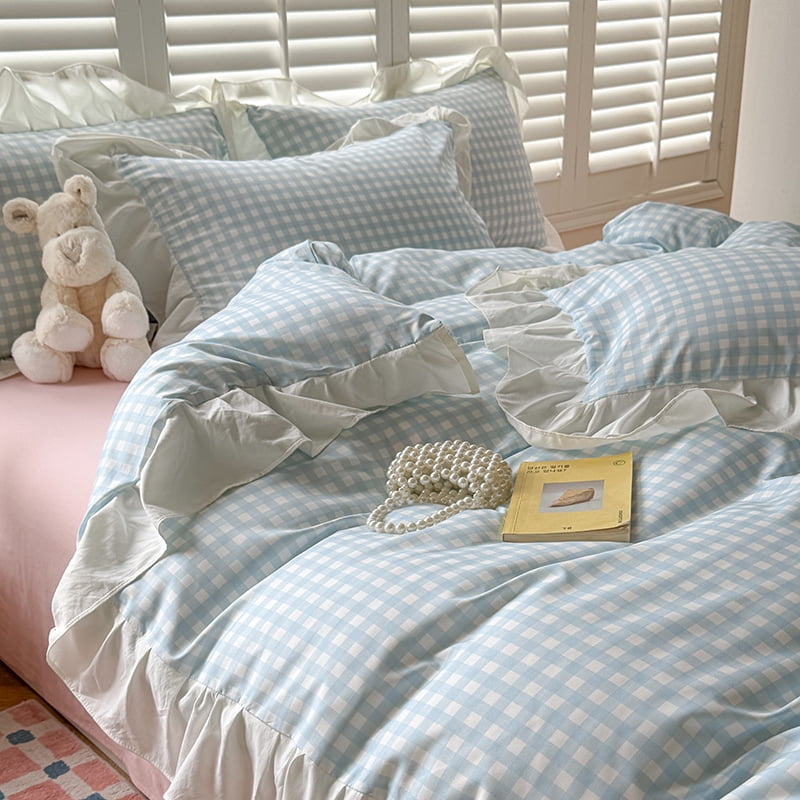 Blue Gingham Ruffle Duvet Cover Queen Size Comforter Cover Set Vintage Plaid Checkered Farmhouse Bedding Set 89"x89" 3 Pieces