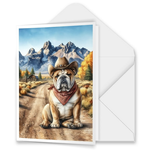 Welcome Fall Western Cowboy Bulldog Enjoys Majestic Autumn 5x7in Folded Greeting Card Dog Lover Gifts Idea Single Note Card with Envelope - 01007