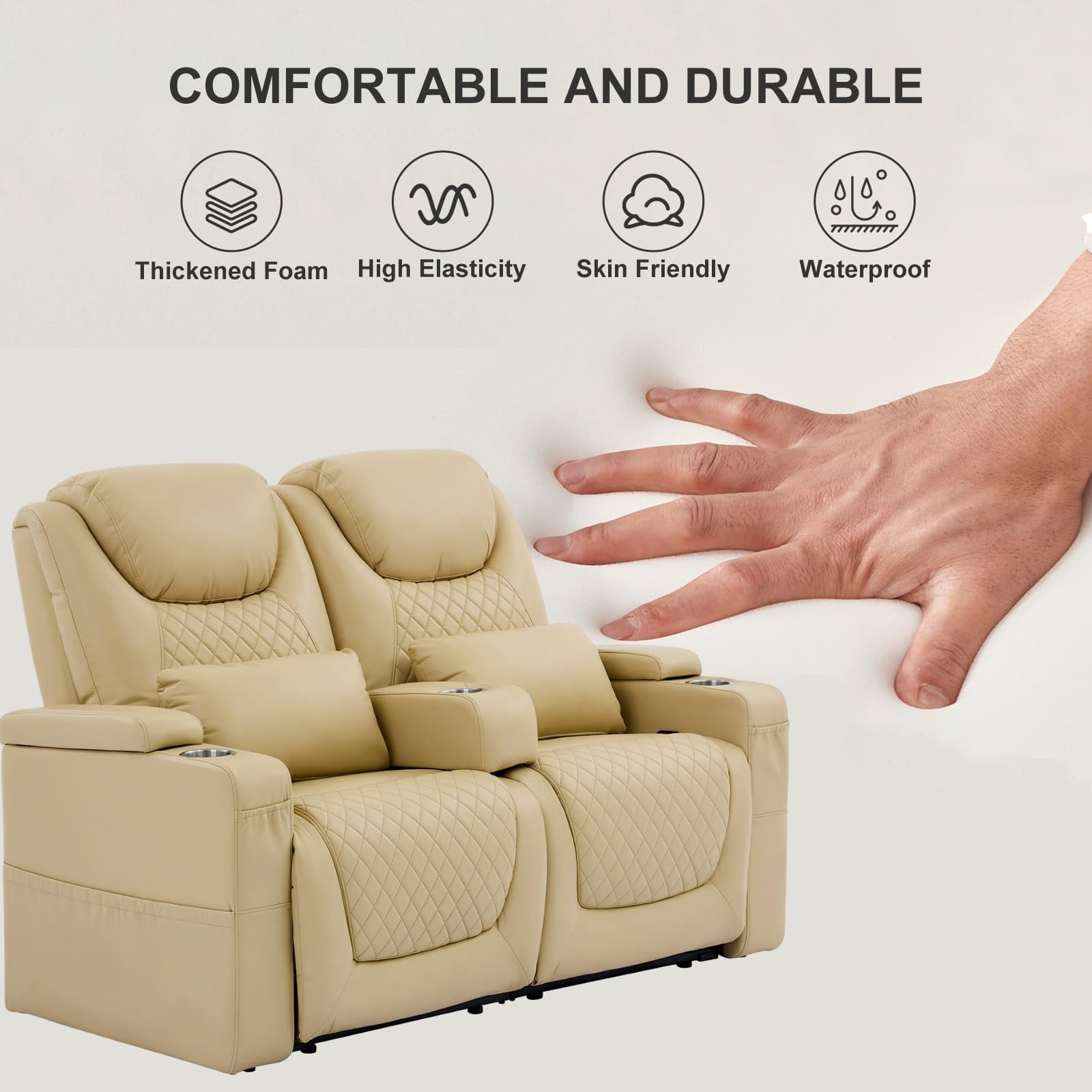 61" RV Loveseat Recliner, Double Recliner Furniture with 3 Arms and 2 Pillows, Wall Hugger Recliners & 135° Reclining Theater Seating (Beige PU Leather RV Couch)