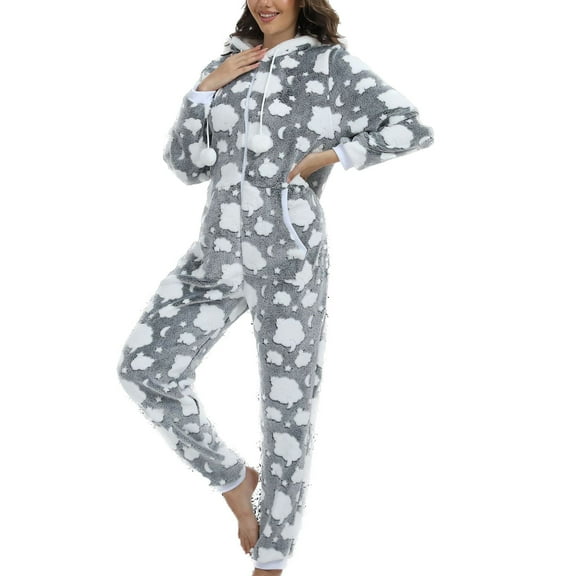 Defitshape Women's Long Sleeve Hooded Onesie Pajama Fuzzy Fleece Cute Winter Warm Full Zip Adult Onesies Fall Pocket Ribbed Cuffs Footless Cozy One Piece Sleepwear w/ Hood Dark Grey Large