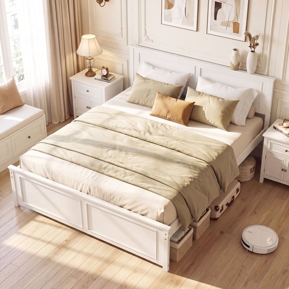 Gymax Queen Size Bed Frame Farmhouse Wooden Platform Bed w/ Headboard White