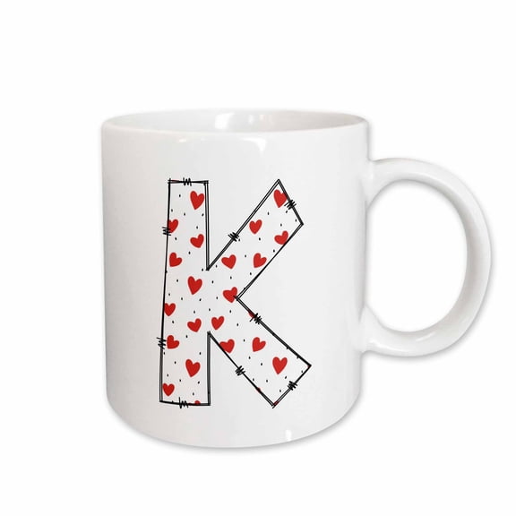 3drose, Cute Red and White Hearts Valentine Monogram Initial K, 15oz Mug