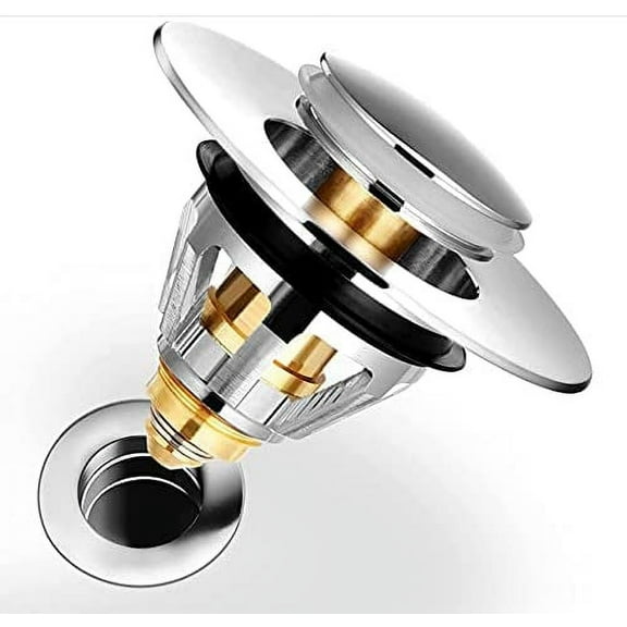 VirgilSon Sink Stopper Bath Plug Strainer Hair Catcher Pop Up Plugs,Universal Wash Basin Bounce Stainless Steel Push-Type Core No Overflow Drain with Basket for Kitchen and Bathroom Silver (34-38mm)