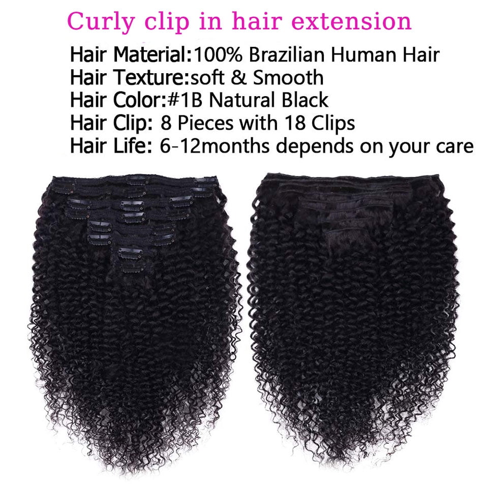 Typpkmm, Durable Kinky Curly Clip in Hair Extension Virgin Human Hair Bundle Weft Full Head 120g Clip 8 Pcs