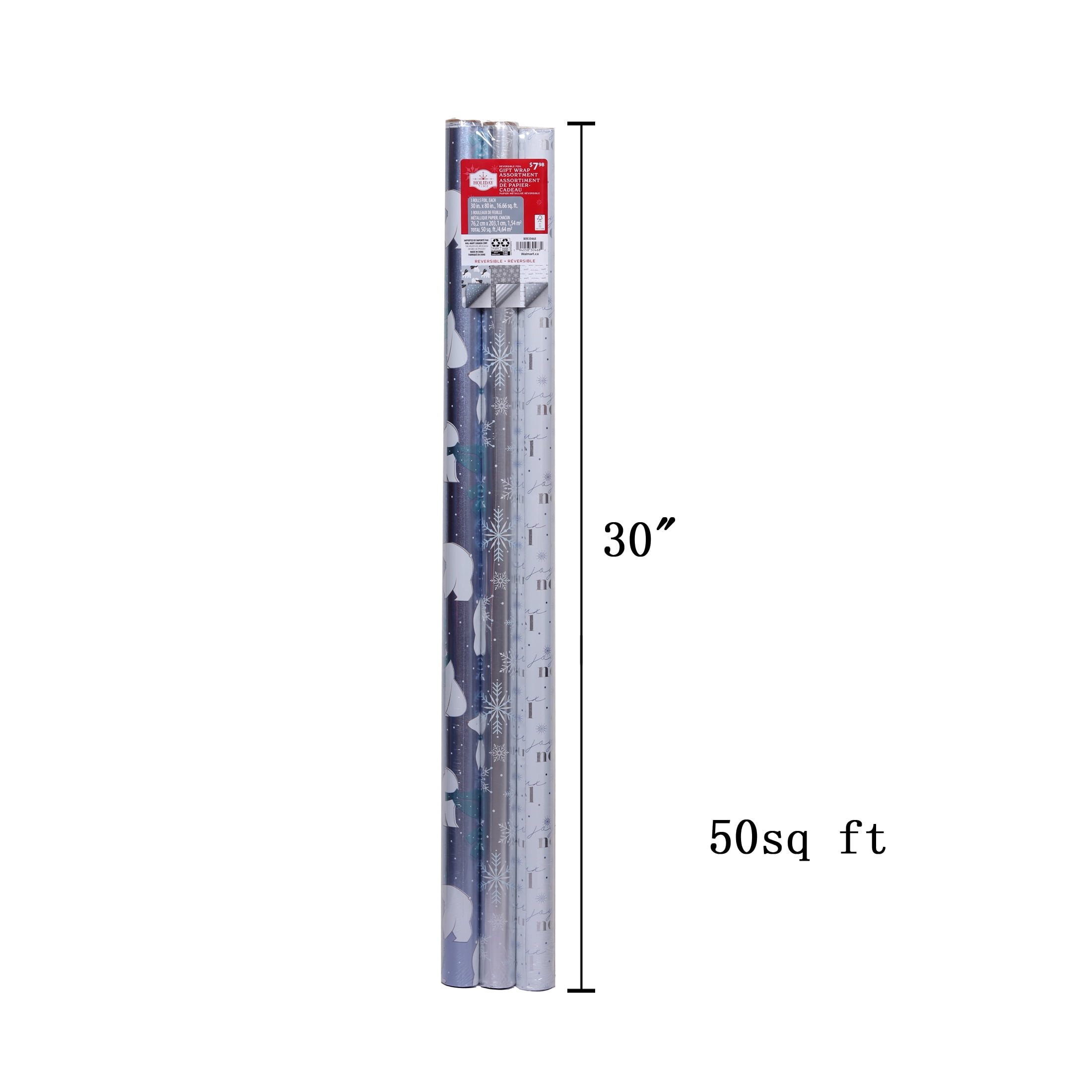 Holiday Time Blue and Silver Foil Reversible Christmas Wrapping Paper, 3 Roll, 50 Sq ft