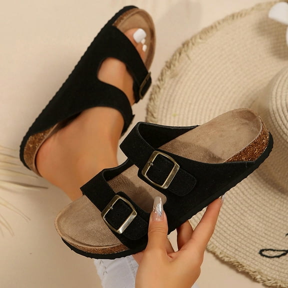 Women's Comfort Straps Adjustable Buckle Slip On Sandals Slide Cork Footbed Sandals