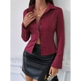 thumbnail image 4 of Women'S Striped Button Down Crop Shirt Long Sleeve Fitted Blouse Work Shirt Top Wine Red XL, 4 of 6