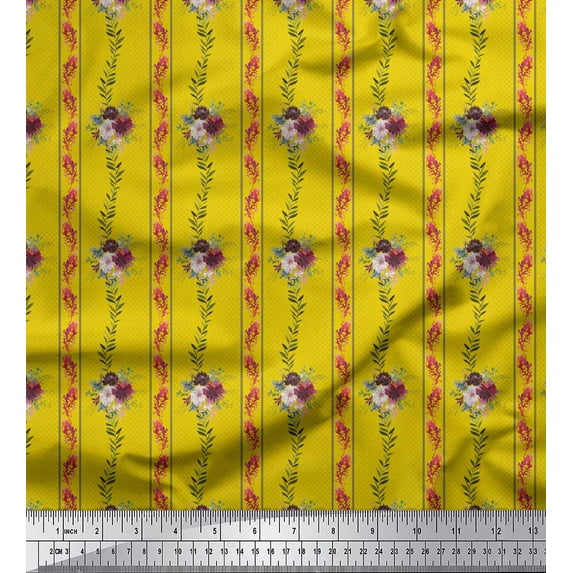 Soimoi Yellow Cotton Poplin Fabric Leaves & Flower Floral Print Fabric by the Yard 42 Inch Wide