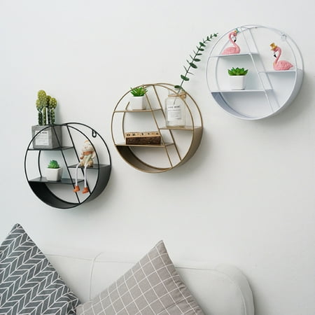Iron Craft Round Wall Shelf Industrial Style Grid Shelves Display Rack ...