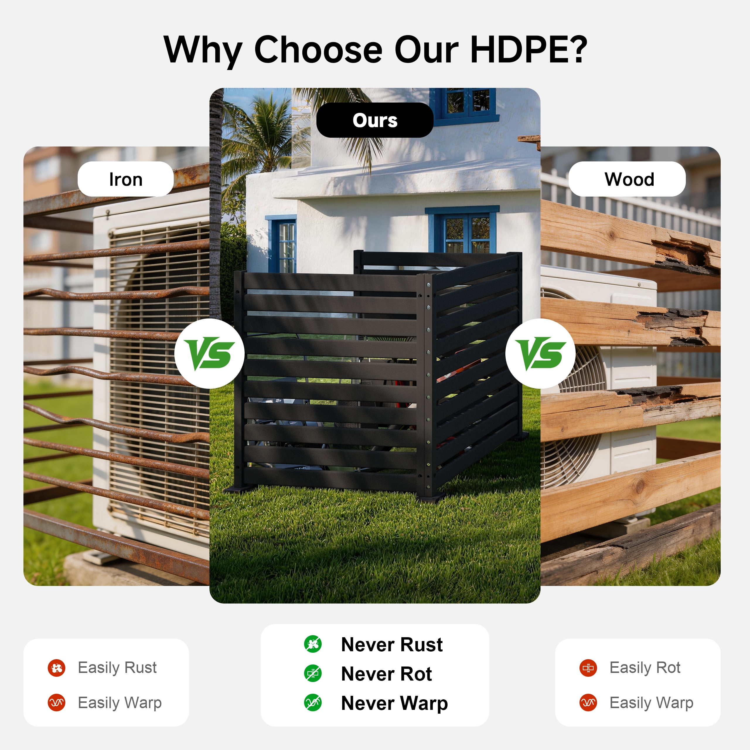 Amoveo Outdoor Privacy Screen Fence, 38"W x 42"H HDPE Weather-Resistant Fence for AC Units and Trash Cans, Includes Ground Stakes & Base Plates,3-Pack