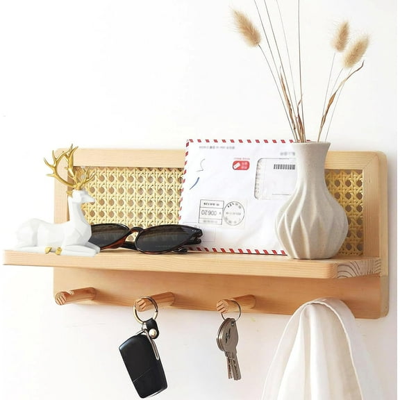 Rattan Coat Rack Shelf Wall Mounted with 4 Hooks, Decorative Coat Hook Rack with Floating Shelf for Entryway, Nursery, Mudroom, Hallway, Office