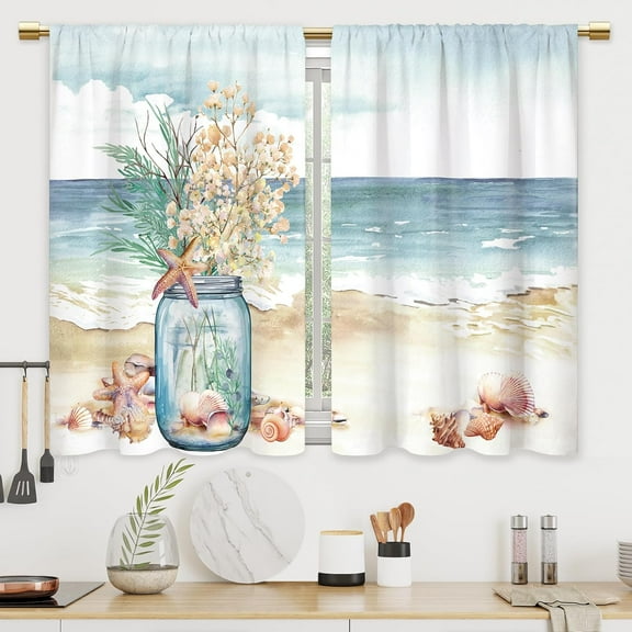 Summer Coastal Kitchen Curtains - Starfish Blue Sea Bathroom Window Treatment Drapes Tier Seashell Flower Botanical Cafe Small Bedroom Short French Door Curtains 27.5x39 Inch